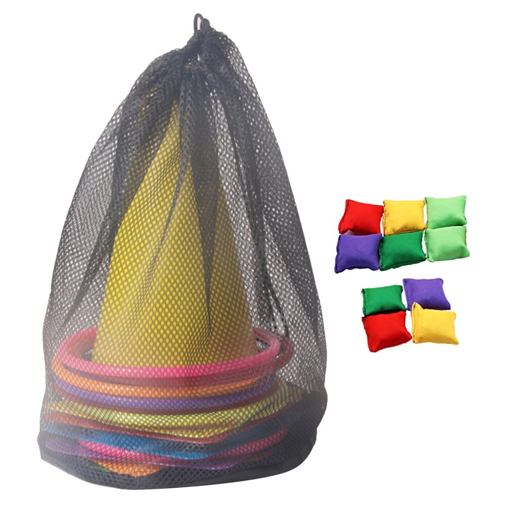 27pcs Plastic Cone and Ring Toss Game Set Fun Indoor Outdoor Toss Game Kids Party Favor Toys with Mesh Storage Bag and Bean Bags: Default Title