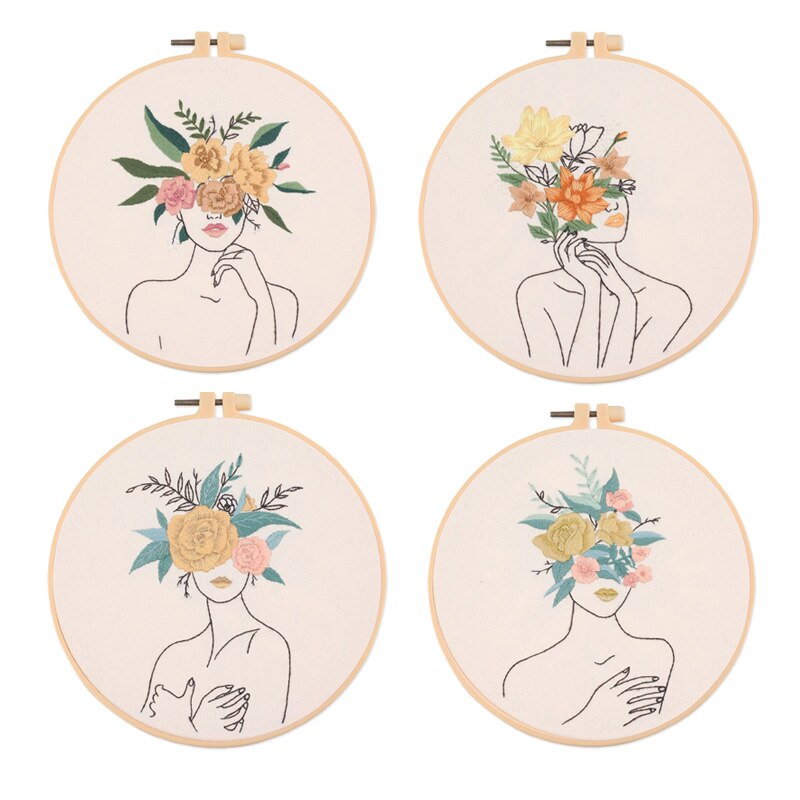 Flower Girl DIY Embroidery Start Kit with Hoop for Beginner Pattern Printed Figure Cross Stitch Sewing Art Craft