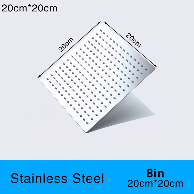 16/12/10/8/6 Inch Square Polished Chrome Stainless Steel Shower Heads Bathroom Rainfall Bath Accessories Stable Holder: 20cm 8in Square