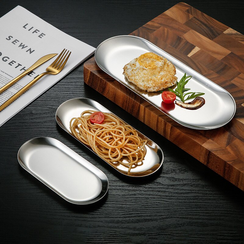 stainless steel plate restaurant tray snack western steak home kitchen tools Fruit plate barbecue plate gold and silver optional
