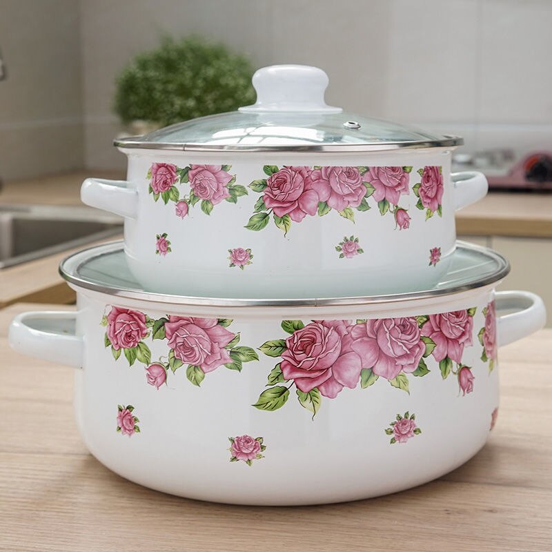 Enamel Soup Pot Flat Cooker 2-5L Thick Pot with Lid Cooking Pot Cookware Induction Pot Pot of Soup Kitchen Pots and Pans