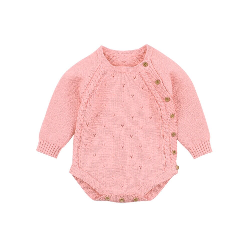 Winter Warm Christmas Knitted Bodysuits Newborn Baby Boy Girl Long Sleeve Knit Bodysuit Solid Jumpsuit One-Pieces Kids Clothes: Pink / 18M