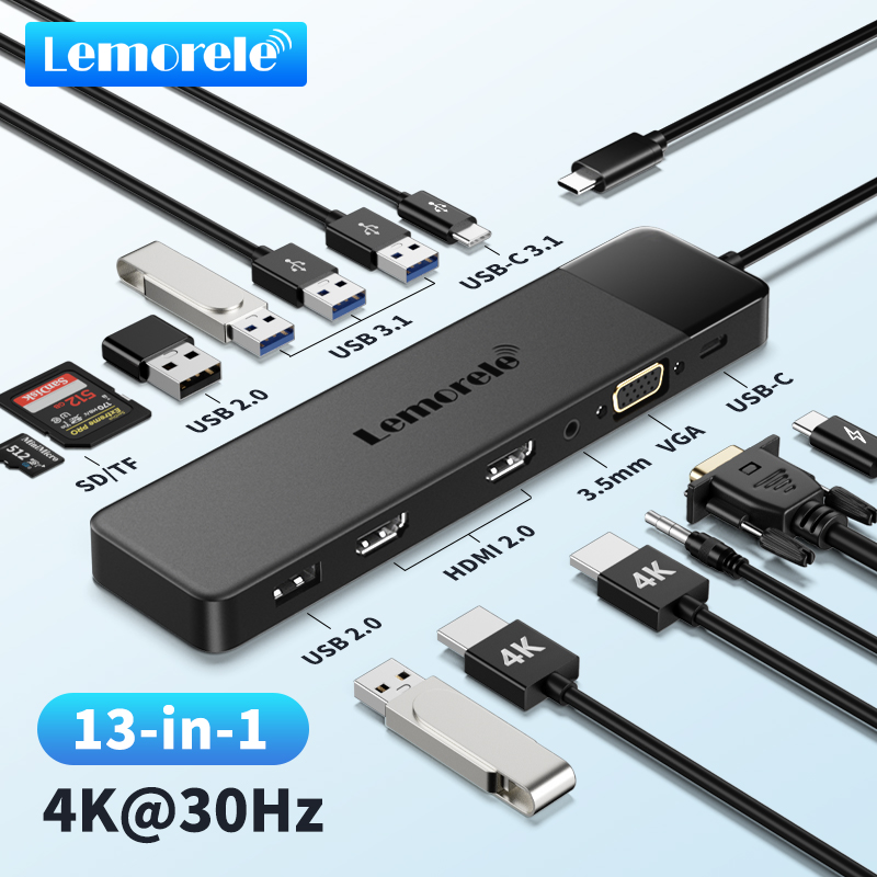 Lemorele usb-c-hub 13- -i- -1 -dockingstation 4k 30hz hdmi usb 3.0 pd100w rj45 vga sdtf usb-splitter til bærbar computer macbook pro air ipad
