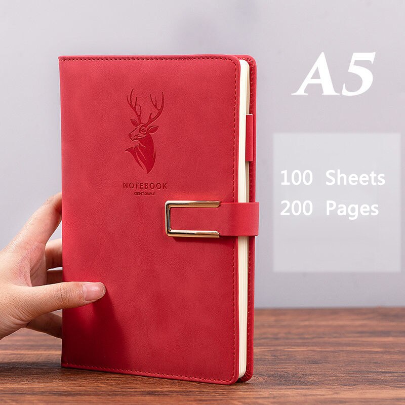 200 Pages A5 Notebook Business Office Work Planner Leather Notepad School Office Stationery: Red