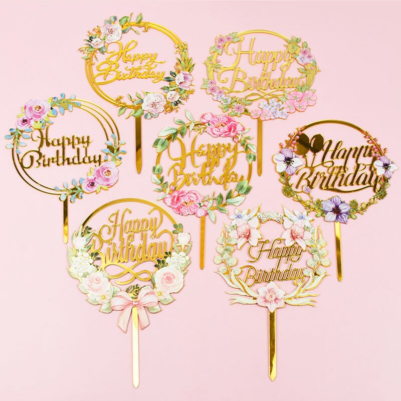 Blume Acryl Kuchen Topper Glücklich Geburtstag Gold Brief Cupcake Topper Für Baby Dusche Kinder 1st Geburtstag Party Kuchen Dessert Decor