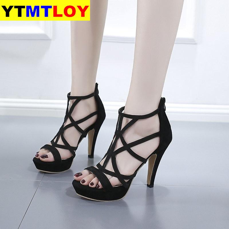 Sandale femmes été talon haut Cool bottes daim évidé Style romain Sexy sandales à talons hauts Stripper chaussures