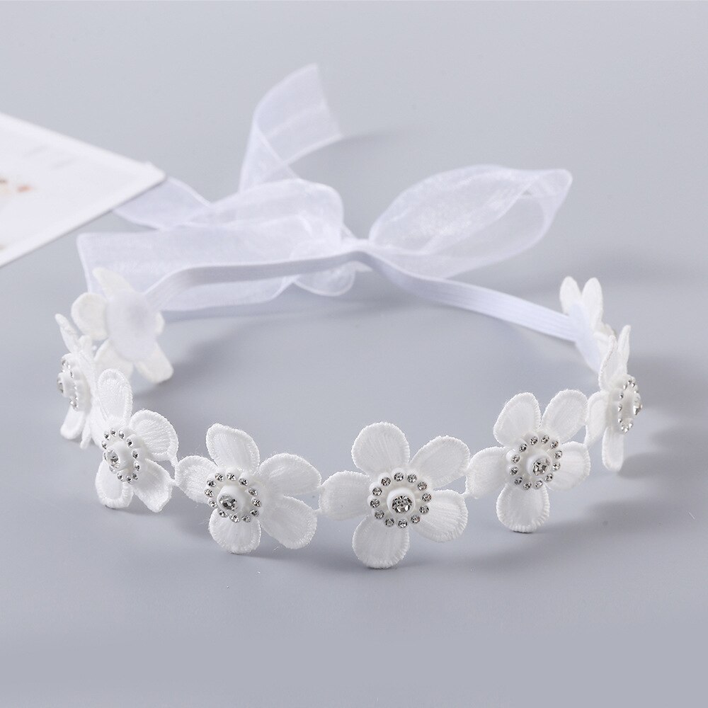 Diadema de encaje flor para niña, diadema elástica Floral suave con lazo, accesorios para el cabello, cinta para de cumpleaños y boda: Blanco