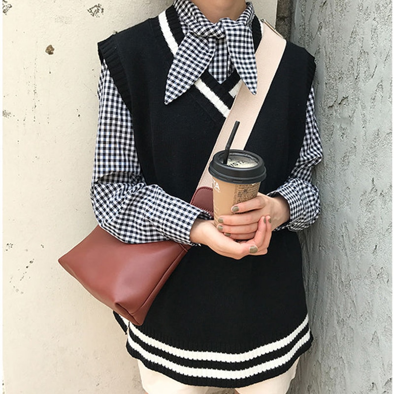 Camisola colete feminino com decote em v escola simples damasco all-match solto diário harajuku estilo japonês doce meninas roupas de tricô chique: S / black