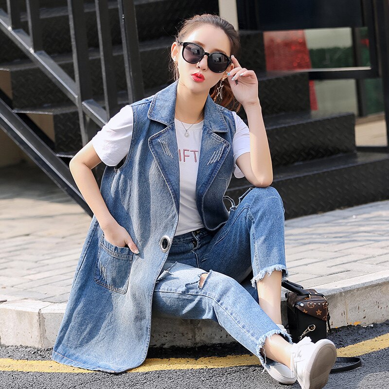 Sommerjakke ærmeløs cardigan damejeans veste lang denimvest kvinder plus størrelse s -3xl