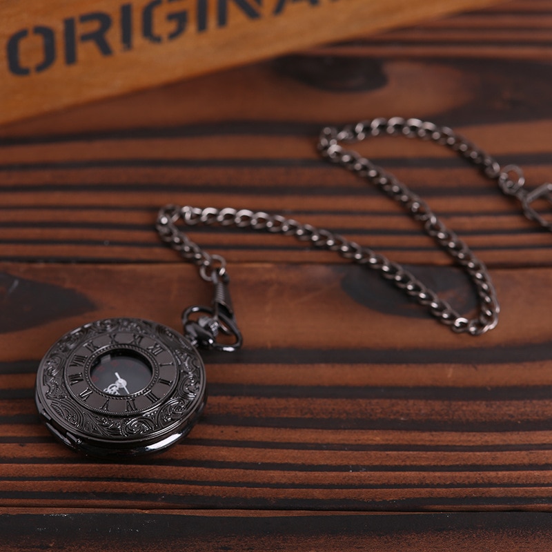 Antieke Stijl Romeinse Cijfers Zakhorloge Mannen Vrouwen Black Hollow Case Quartz Steampunk Vintage Hanger Ketting