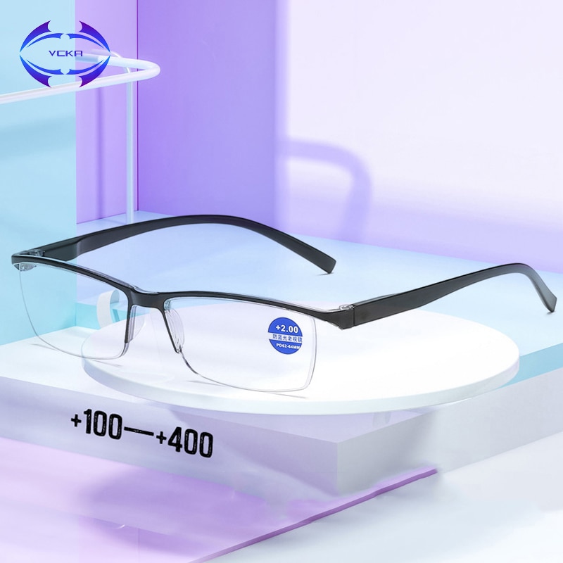 VCKA Anti-blue light Resin Reading Glasses Men Women Metal Half Frame Hyperopia Eyeglasses +1.0 1.5 2.0 2.5 3.0 3.5 4.0 Diopter