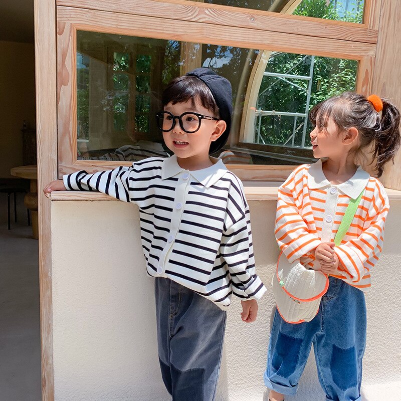 Lente Herfst Dunne Gestreepte Gebreide Truien Losse Single-Breasted Lange Mouwen Vest 1-6Y