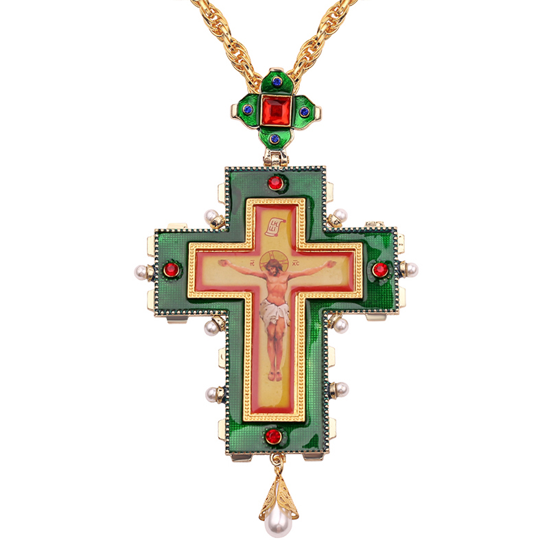 Gold Pectoral Cross russian greece crucifix religious necklace icon Byzantine Art and Orthodox Tradition holy cross priests: XL2000