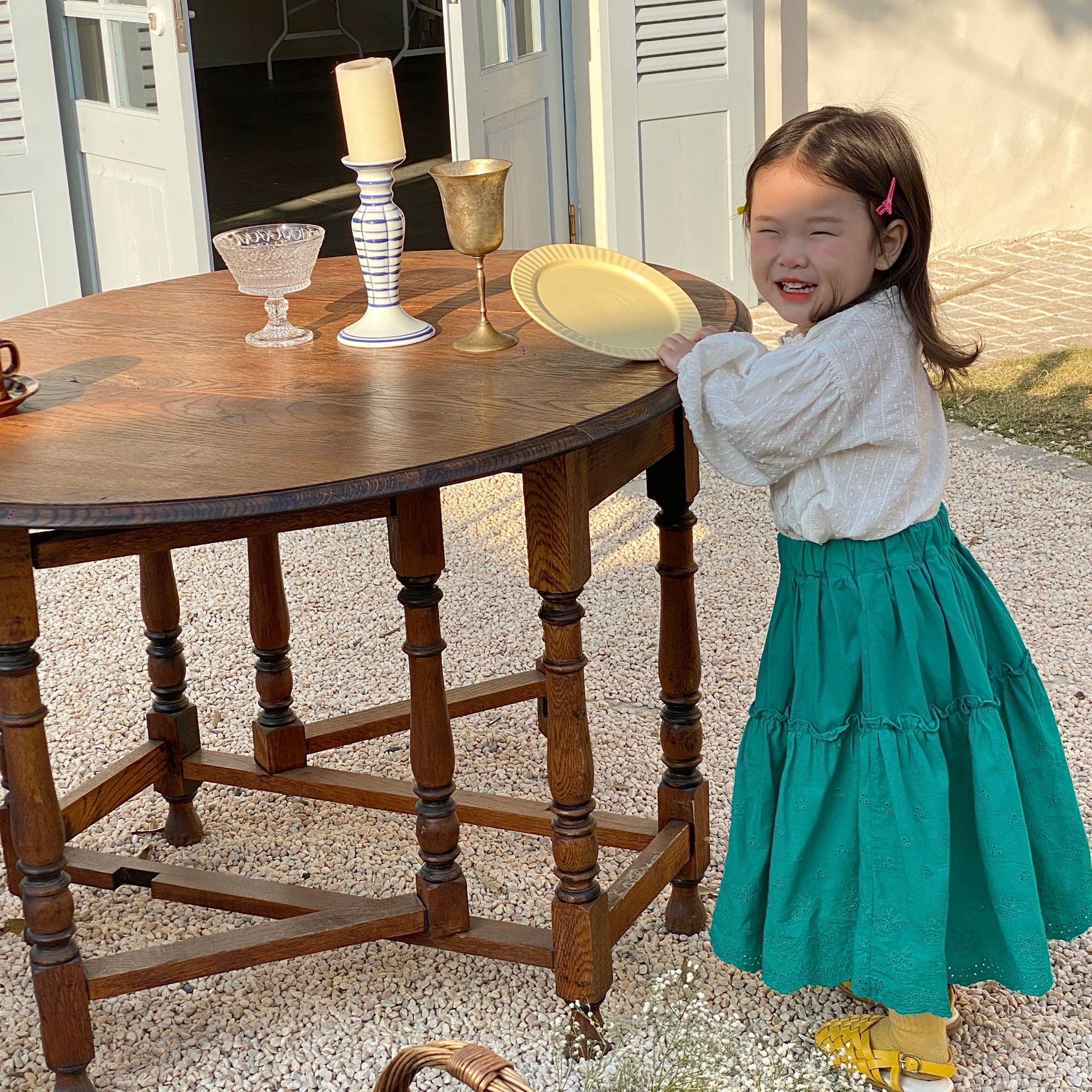 Ropa coreana para niños, novedad de primavera 2022, falda larga de encaje verde para niñas, falda de princesa coreana