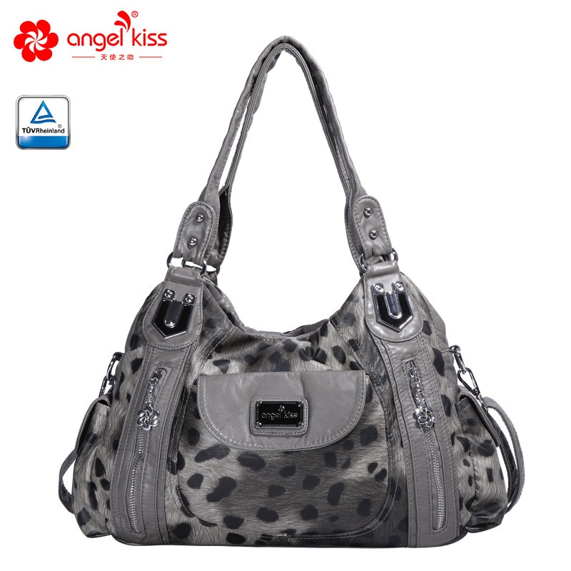 Mærke blød leopard pu læder skuldertaske luksus stor kapacitet multi lomme smarte tote tasker til kvinder shopping håndtaske: Lysegrå