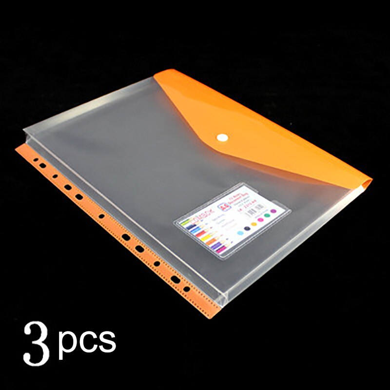 Bolsa de documentos transparente A4 de 3 piezas, carpetas de archivos de hojas sueltas de 11 agujeros, bolsa de información gruesa de película protectora a presión de gran capacidad: B orange