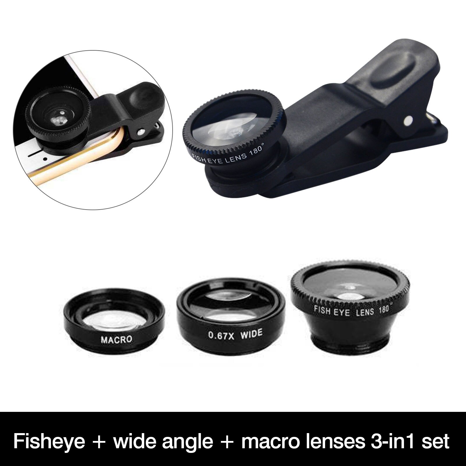 Kit fotocamera grandangolare Macro Fisheye 3 In 1 lenti per cellulare Fish Eye con Clip a 180 gradi per telefono cellulare