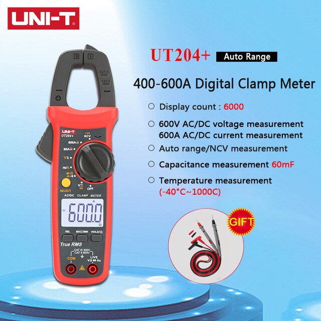 UNI-T UT201+/UT202+/UT202A+/UT203+/UT204+ Digital Clamp Multimeter AC DC current voltage Multimeter Capacitance Temperature Test: UT204 Plus gift