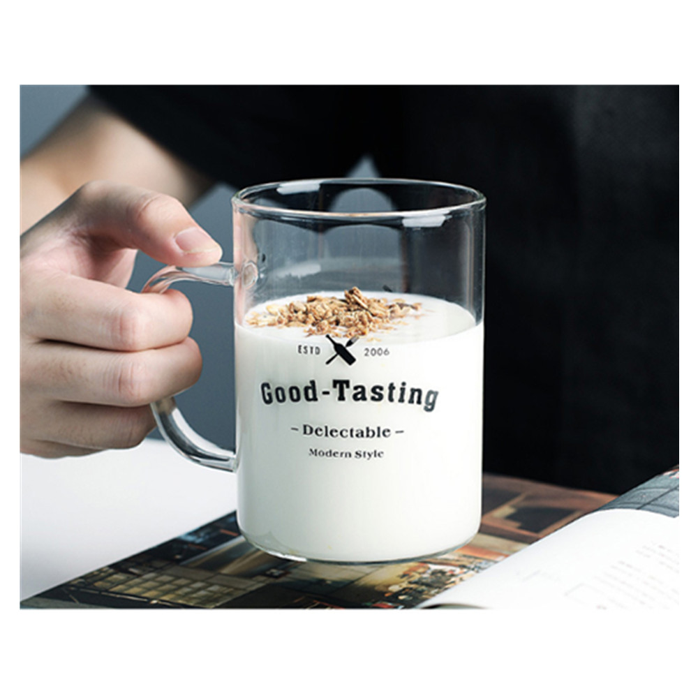 Vaso de agua de vidrio de borosilicato, Vaso de Leche recto con vaso de bebida fría, vaso de zumo, vaso Simple con Taza de leche de letras en inglés