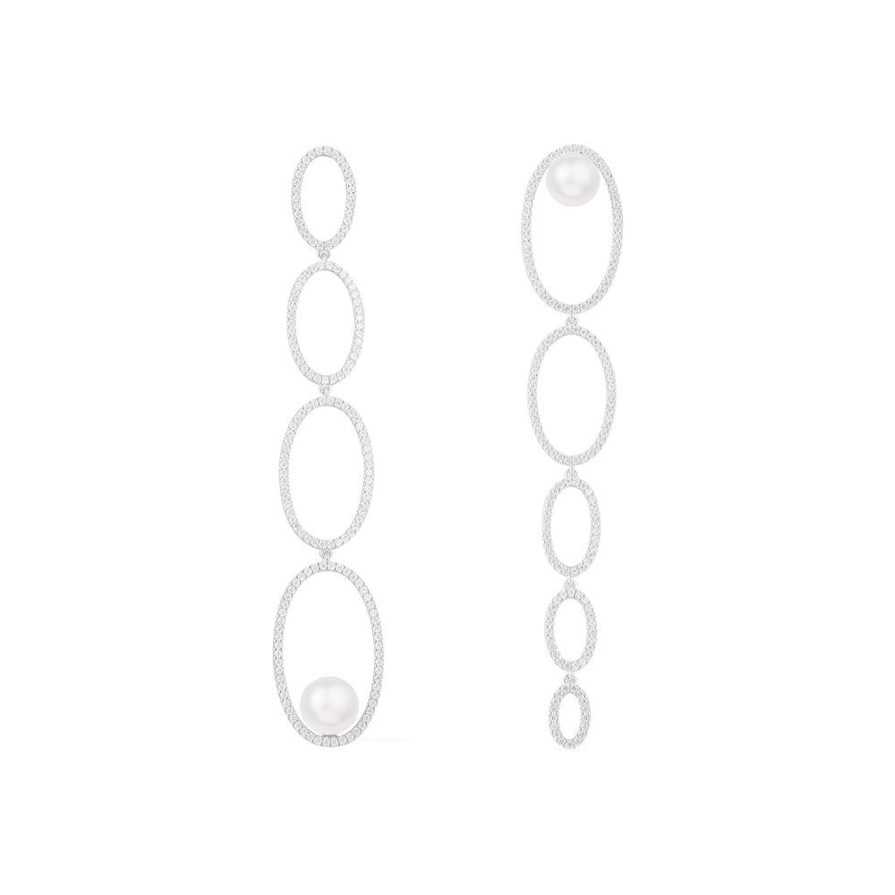 Meibapj 925 sterling sølv brolagte zirkon sten asymmetriske multi cirkler perle lange øreringe til kvinder smykker: Default Title