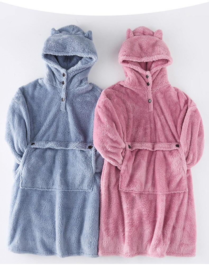 Unisex Robes Men Winter Dressing Gown Winter Warm Fleece Robe Pullover Hooded Women Winter Dressing Gown Robes Soft Bathrobe