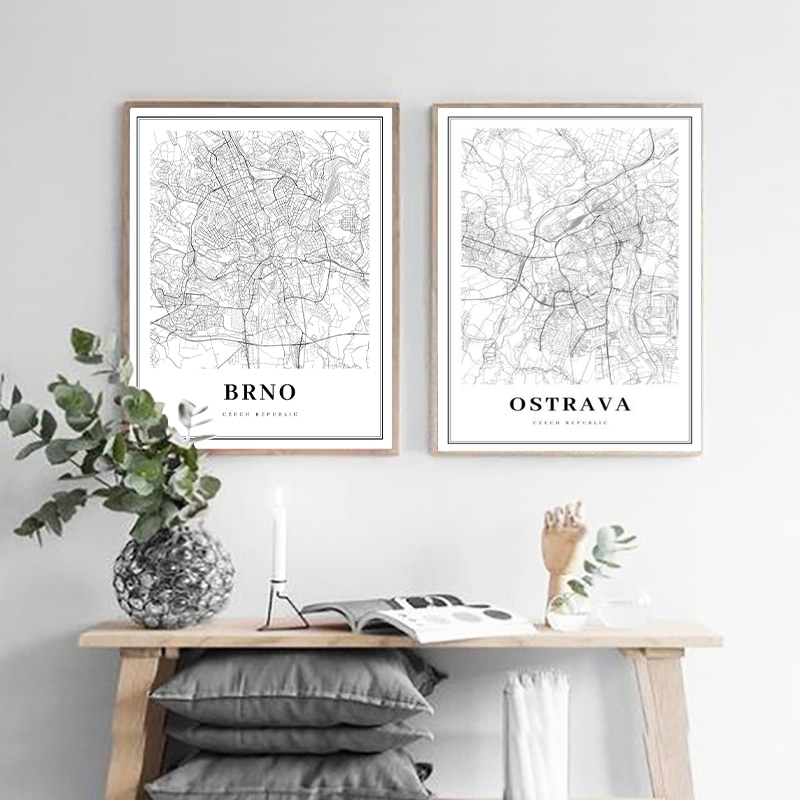 Czarny biały ostrawa i ostrawa czechy mapa miasta plakat na płótnie czechy drukowany obraz ścienny Nordic ozdobny obraz Home Decor