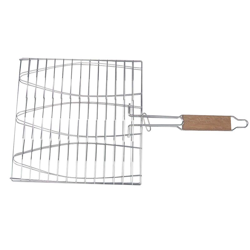 Non-stick Triple Fish Grilling Basket Outdoor BBQ Grilling Fish Rack w/ Wood Handle Barbecue Tool Fish Grill Net BBQ Accessorie