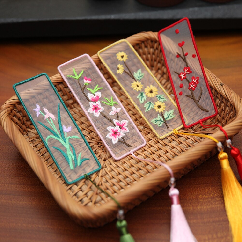 DIY Chinese Style Embroidery Bookmarks Rectangle Embroidery Material Kit Bookmark Flowers Cross Stitch Needlework Craft
