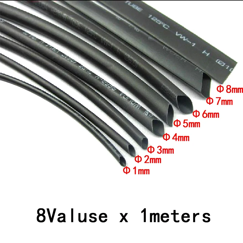 8 meter/set Krimpkous 1/2/3/4/5/6/8mm 2:1 Zwart Isolatie Krimpfolie Krimpkous voor Kabel DIY Connector Draad Kit