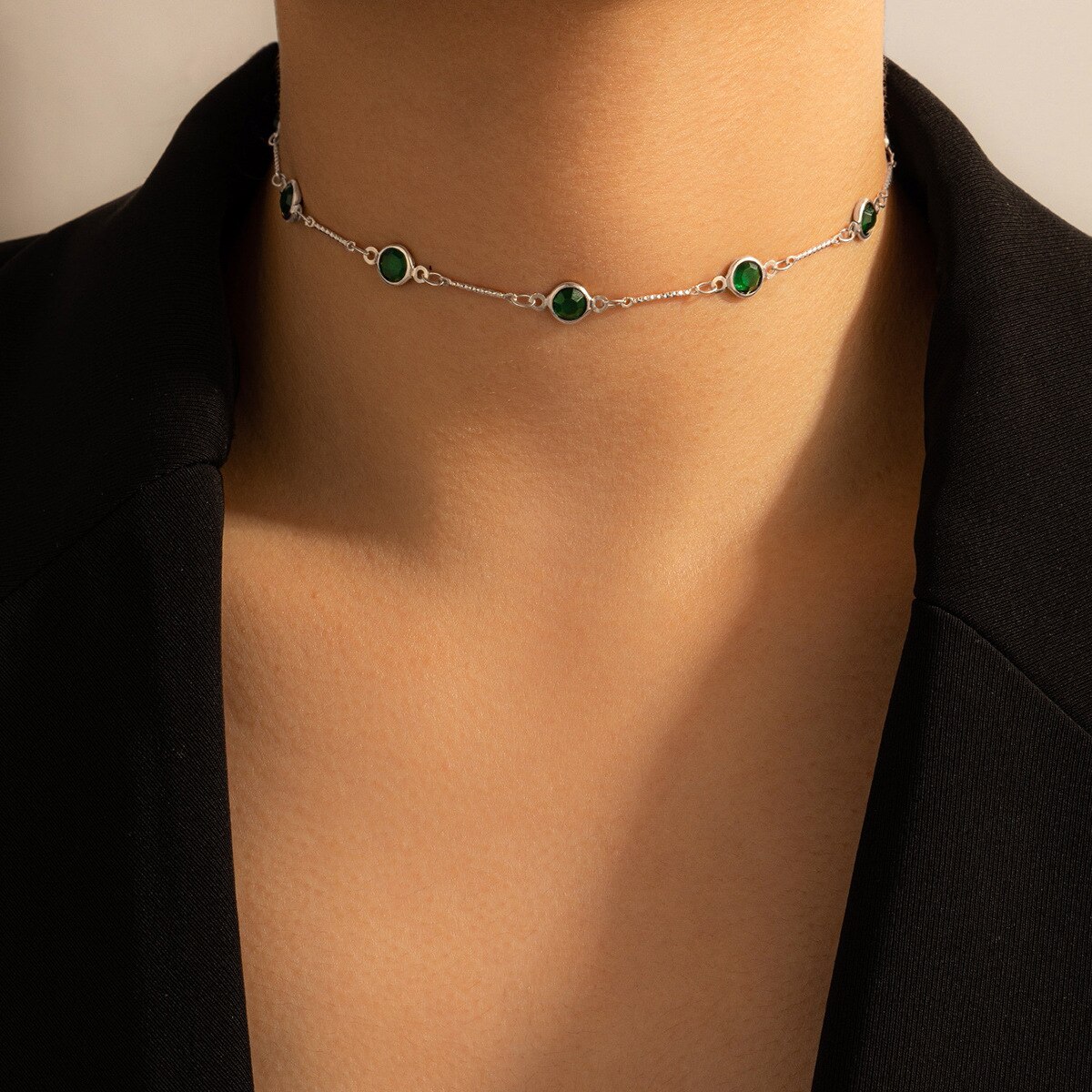 24K Vergulde Groene Strass Ketting Voor Vrouwen Single Layer Sleutelbeen Keten Hanger Verjaardag Bestie Kerstcadeaus