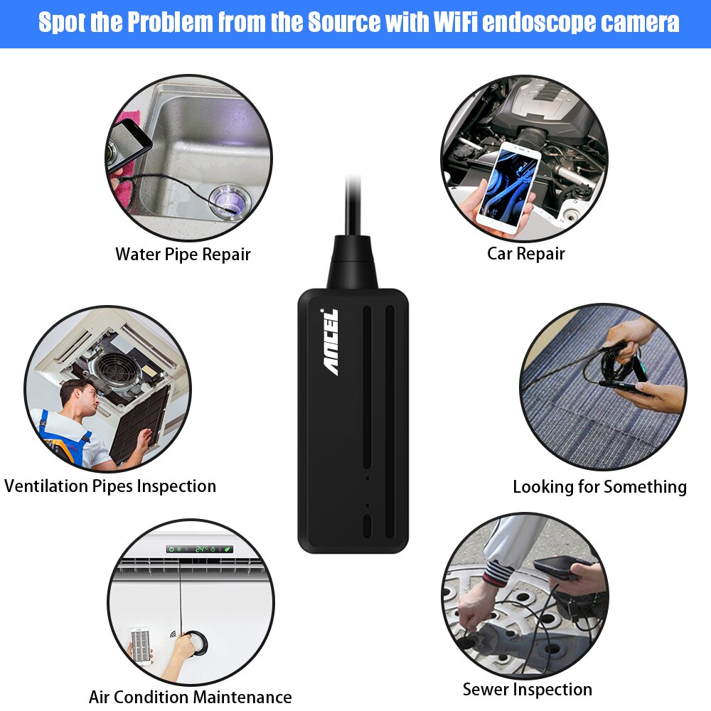 Ancel wifi 10m endoskop kamera 5.5mm hd 6500k vattentät halvstyv borescope inspektionskamera för android pc ios