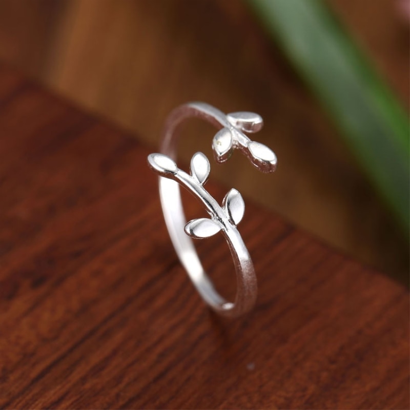 Fresh Leaf 925 Sterling Silver Literary Temperament Sweet Personality Cute Female Resizable Opening Rings SRI103