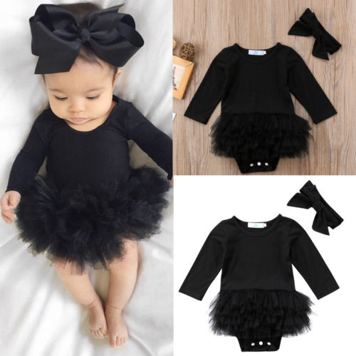 Lille barn nyfødt baby pige sort langærmet jumpsuit bodysuit tutu kjole bowknot pandebånd outfit tøj sæt