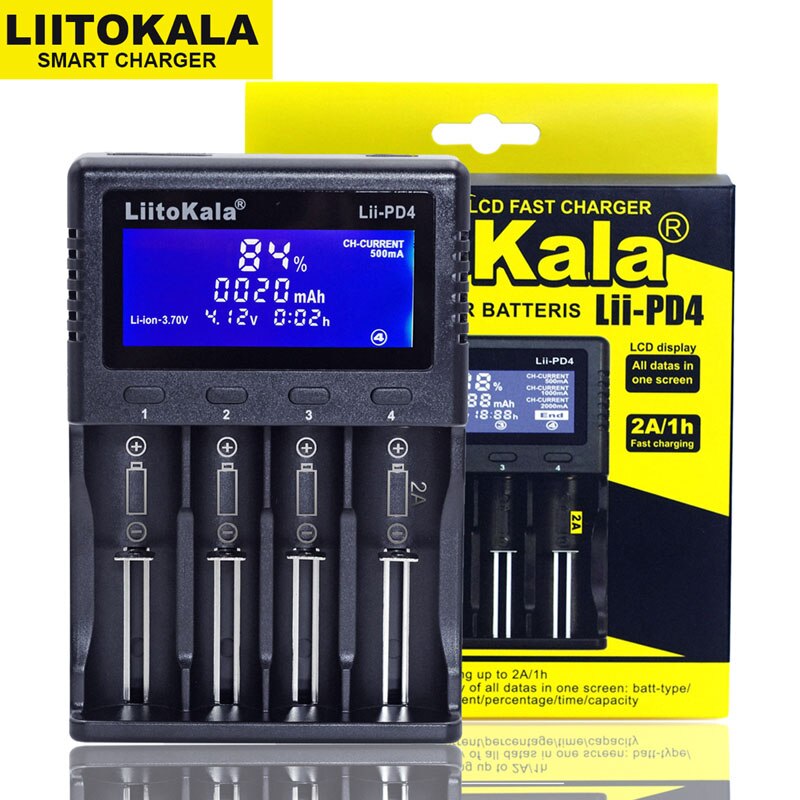 Liitokala lii -500 pd4 pl4 402 202 s1 s2 batterilader til 18650 26650 21700 aa aaa 3.7v/3.2v/1.2v litium nimh batteri: Lii -pd4 lader