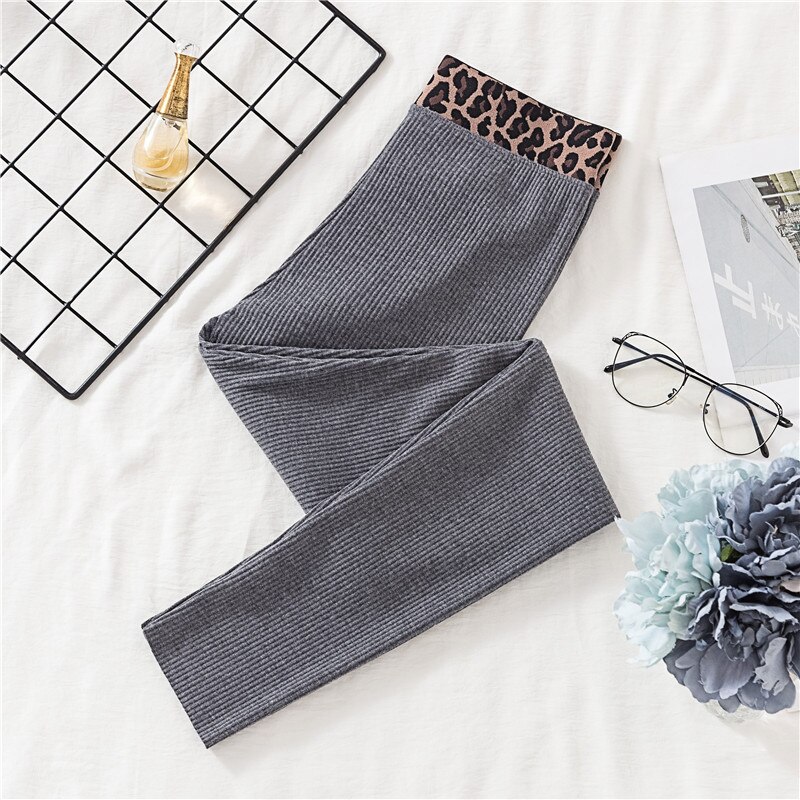 Gcarol kvinder bomuldsblandinger tråd lodret stribe legging leopard splejsede ankellængde bukser kan bæres udenfor
