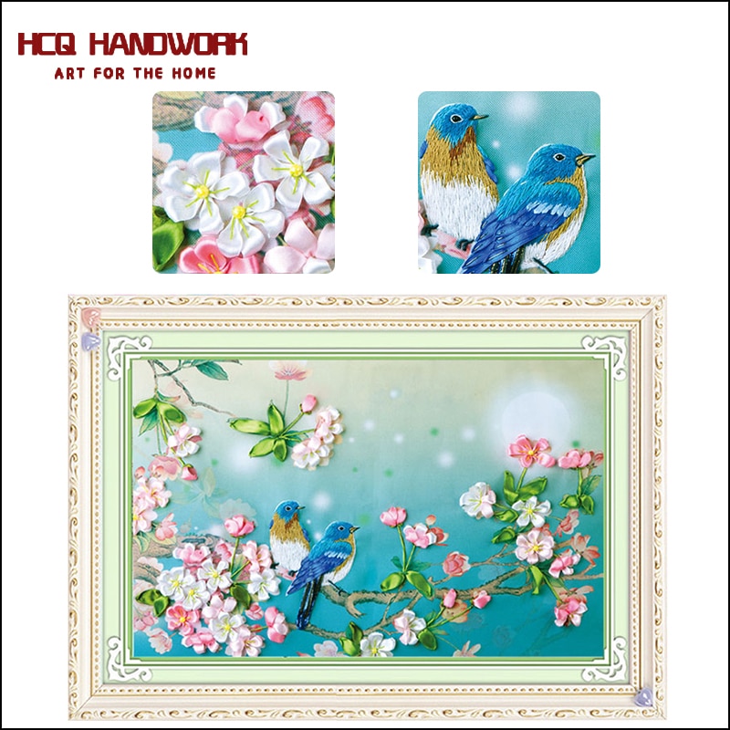 Flor pájaro seda cinta bordado 3D lienzo pintura satén punto de cruz kit artesanía de costura DIY home dec pegatina de pared