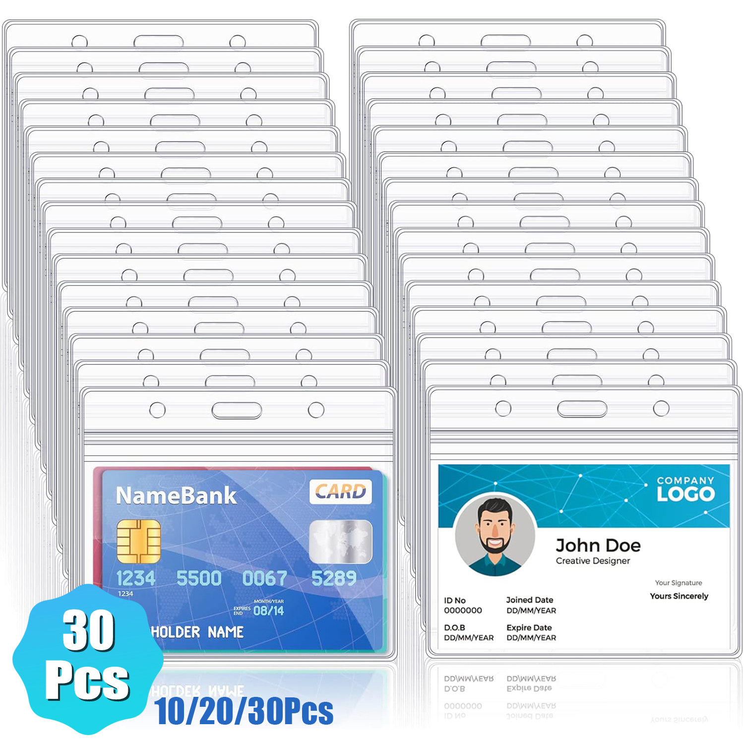 10-30Pcs Horizontal ID Card Badge Holder Waterproof Clear Card Sleeve Case Cover ID Card Protector Pouch with Resealable Zip