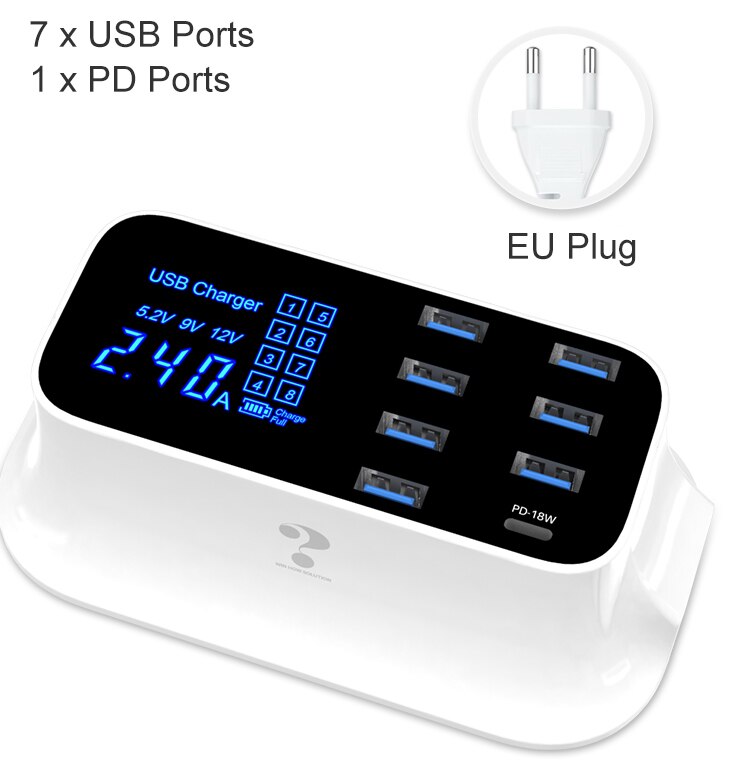 Goojodoq carregador pd 40w 8 entradas, carregador usb inteligente, display led, carregamento rápido usb para apple, iphone, adaptador, ipad xiaomi samsung: 8Ports White EU