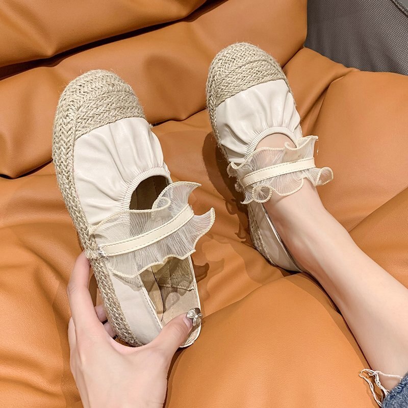 Hemp knitted cover toe flats pleated ballet shoes women preppy patchwork loafers lacework elastic band ballerina espadrilles 42