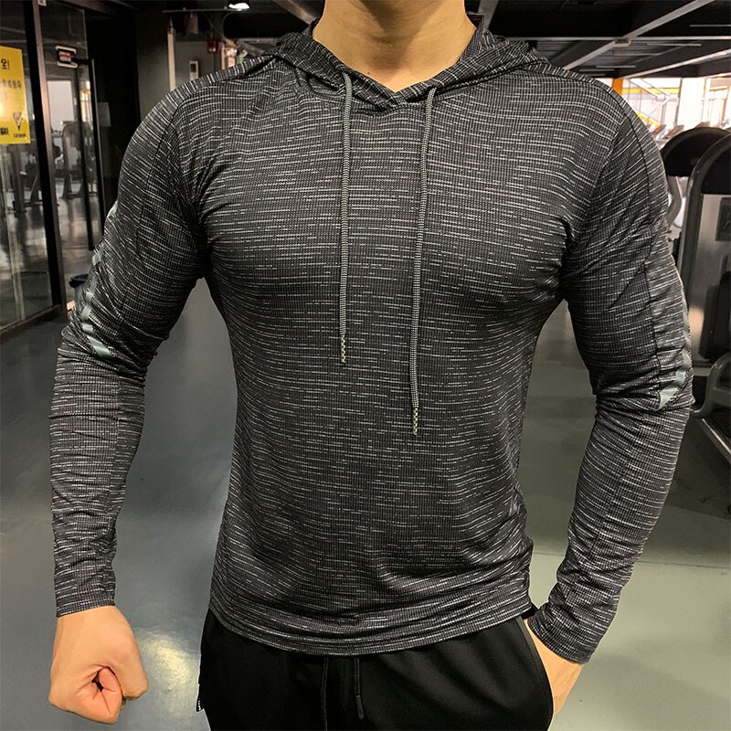 Ginásio masculino t camisa casual manga longa magro topos camisetas elástico esportes fitness conforto fino respirável secagem rápida com capuz