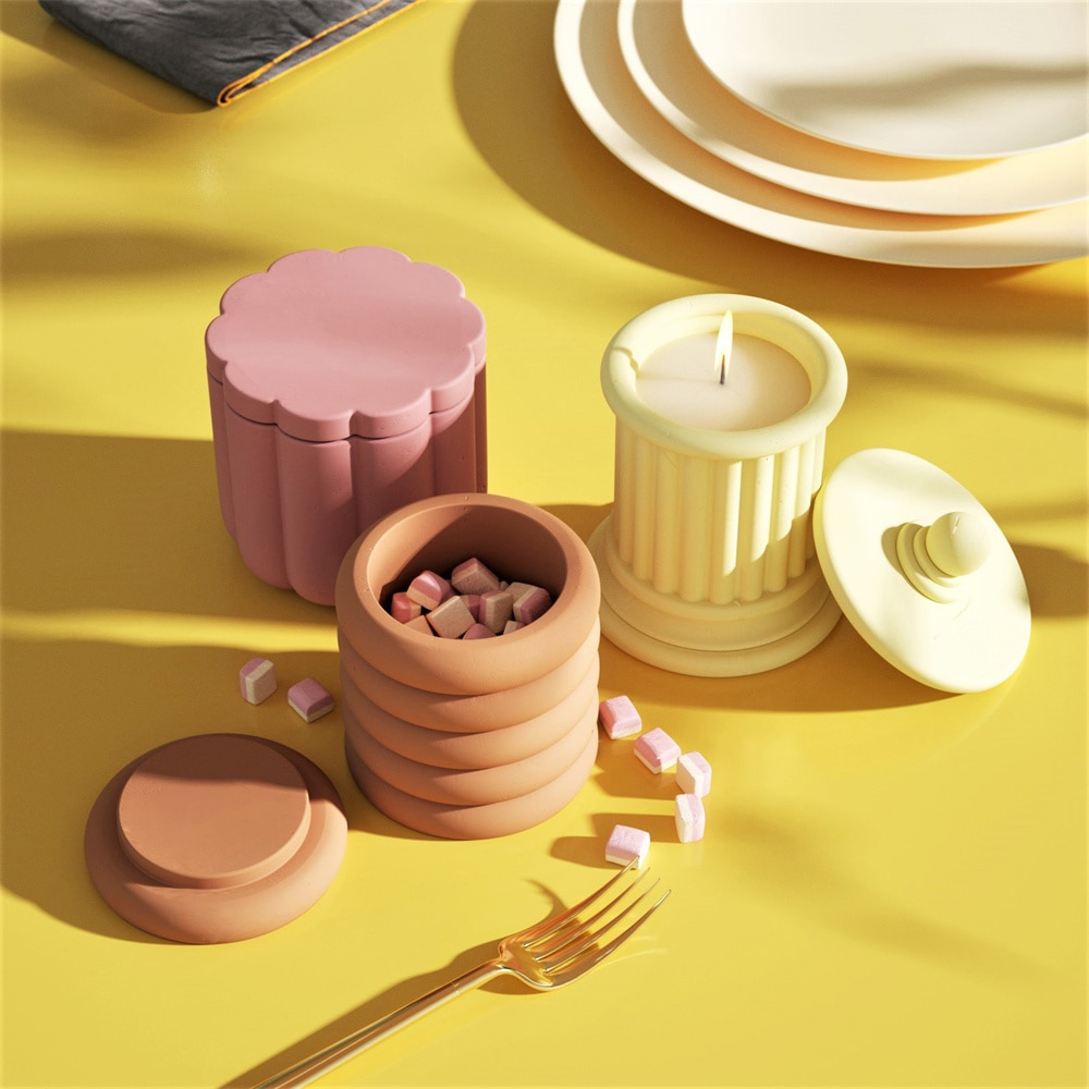 Nicole – Pot à bougie en béton avec couvercle, moule en Silicone, ciment, récipient à bougie, rond, romain, Pot de rangement en Terrazzo, outil de décoration pour la maison