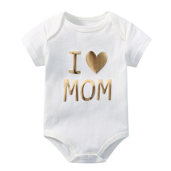 Body de niño y niña para recién nacido de 0 a 1 mes, ropa de niños y bebés con cuello redondo de algodón blanco, traje de pijama para mamá y papá con letras I Love Summer: gold I LOVE  MOM