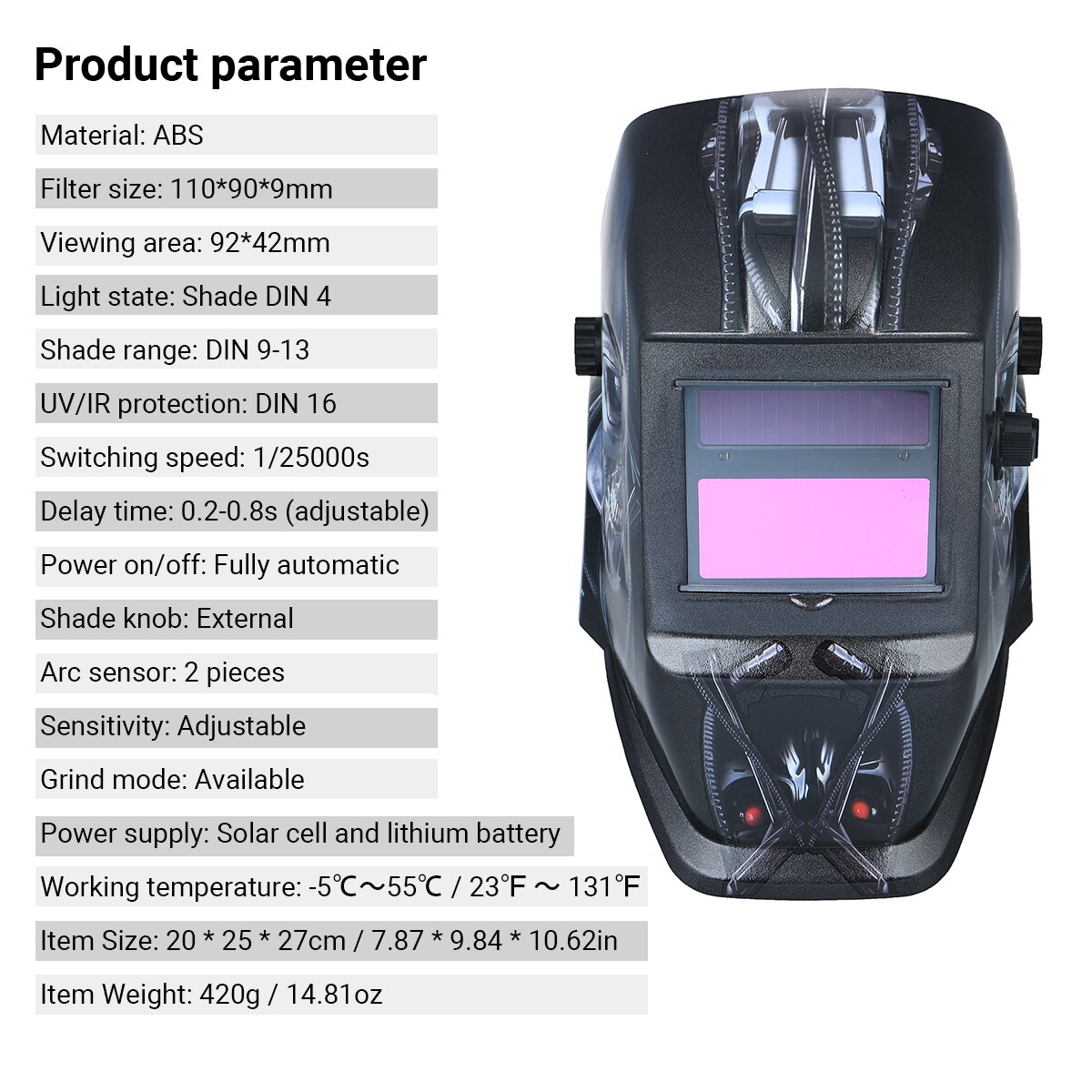 Welding Helmet Solar Powered Auto-Darkening Protective Helmet Welding Mask Shield with Variable Shade Grind Mode