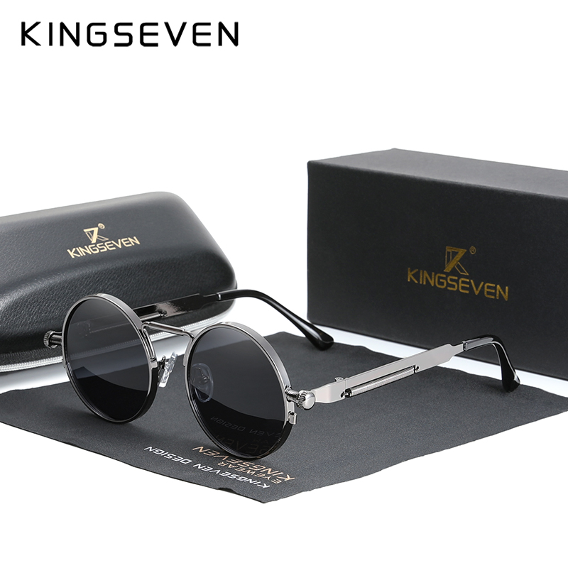 KINGSEVEN Gothic Steampunk Sunglasses Polarized Men Women Brand Vintage Round Metal Frame Sun Glasses: black