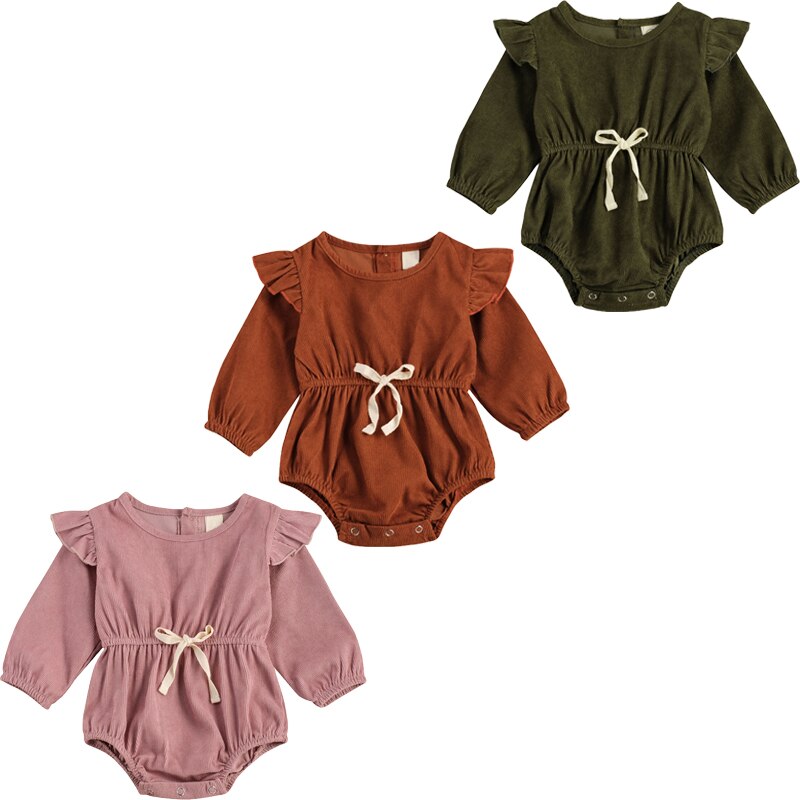 Focusnorma Autumn Baby Girls Boys body 3 colori Solid Ruffles tute con bottoni a manica lunga 0-24M One Piece