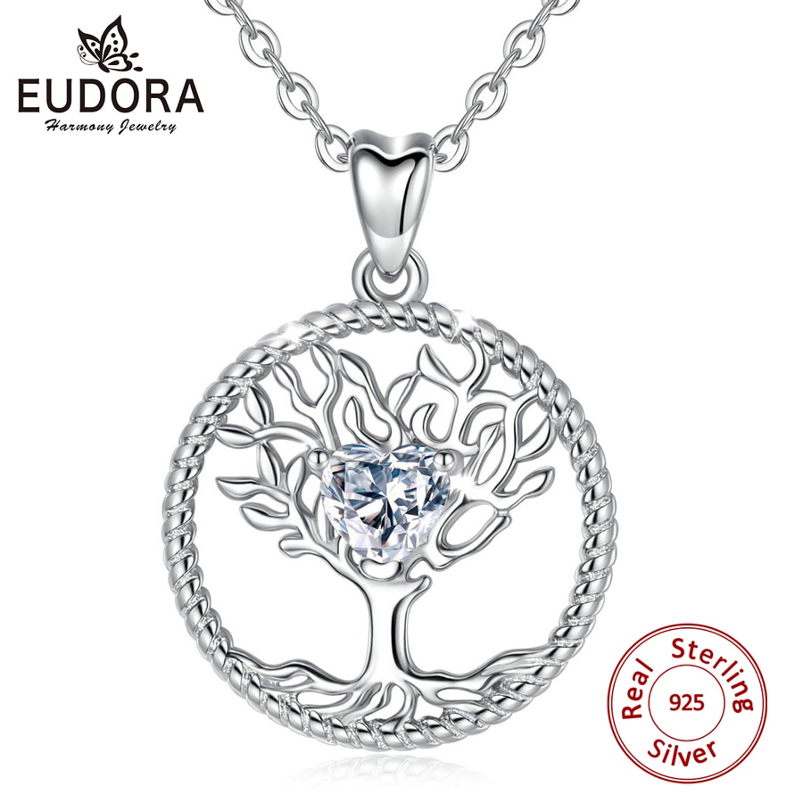 EUDORA Sterling Silver Tree of life Pendant Necklace silver Nature Tree Charm Necklaces with Crystal CZ for Birthday D447