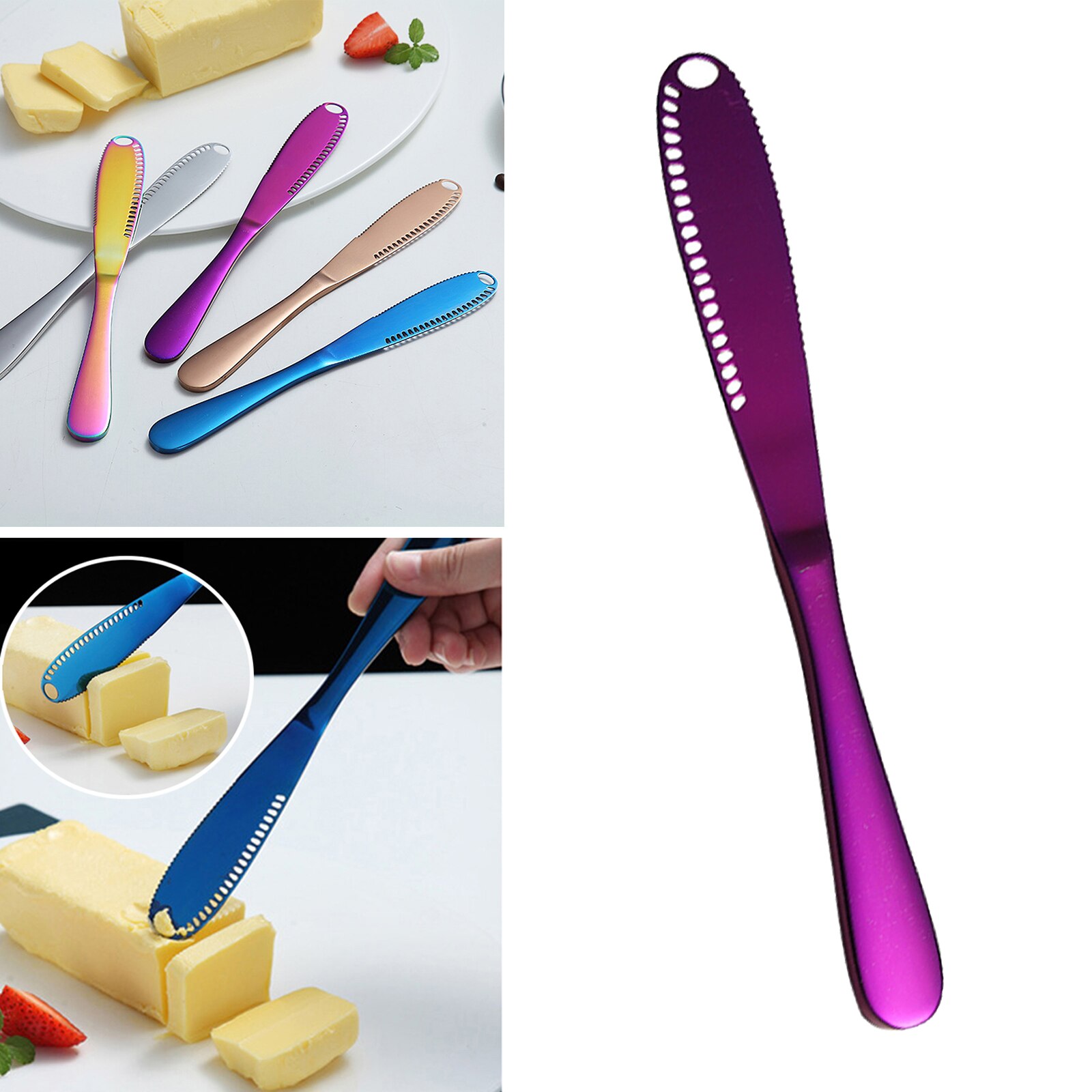 Multifunction Stainless Steel Butter Knife with Hole Cheese Dessert Knife Cutlery Tool Kitchen Toast Bread Knife Tableware: Purple