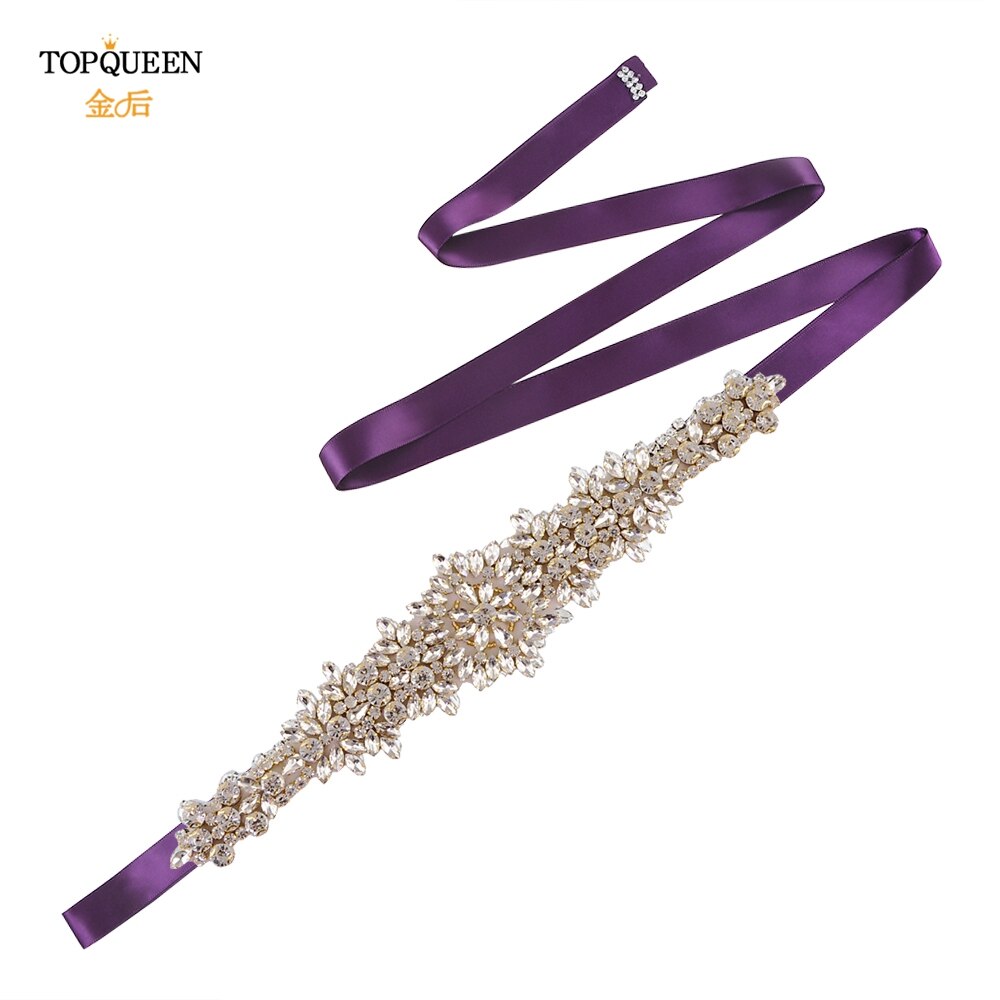 TOPQUEEN-cinturones para vestidos de novia de talla grande S319-G, cinturones dorados para mujer, cinturón de diamantes de imitación, cinta de lujo para novia, faja de boda: Purple ribbon