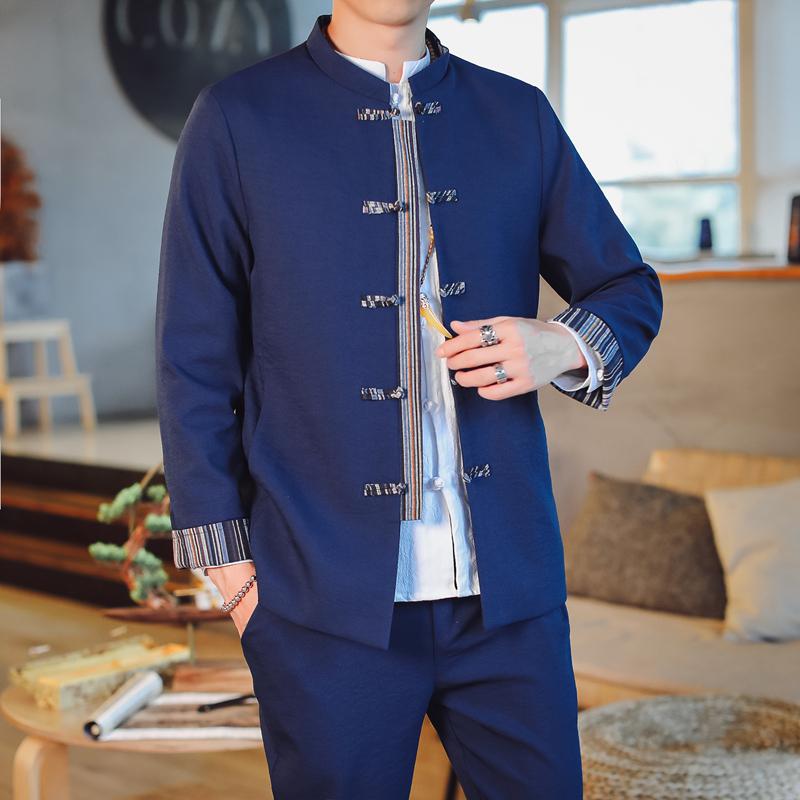 Plus size mænd formel blazer herre slim fit knap tunika jakkesæt sæt ren farve kinesisk stil blazer jakke og bukser: Marineblå tunikasæt / 4xl