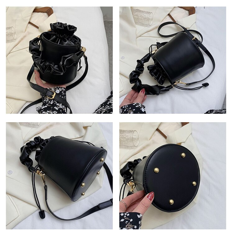 Solid Color PU Leather Women Drawstring Bucket Bags Ladies Small Shoulder Crossbody Bag Female Mini Handbag Purse